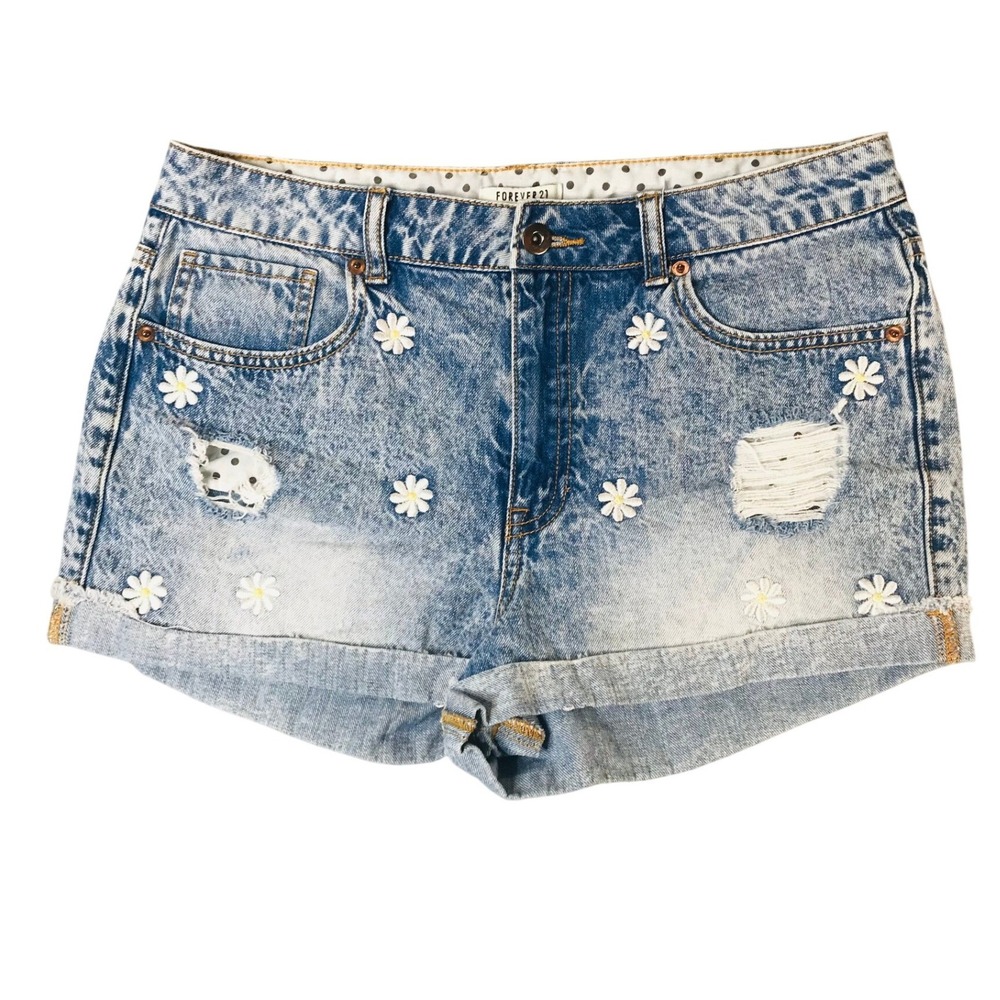 Forever 21 Denim Shorts‎ 30 Womens Light Acid Wash Daisy Embroidered High Rise